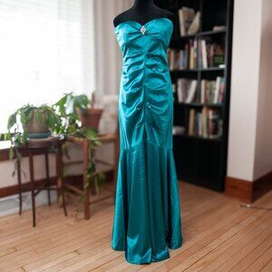 Vtg 90s Xscape Strapless Mermaid Rhinestone Green Long Ruched Dress Satin 14